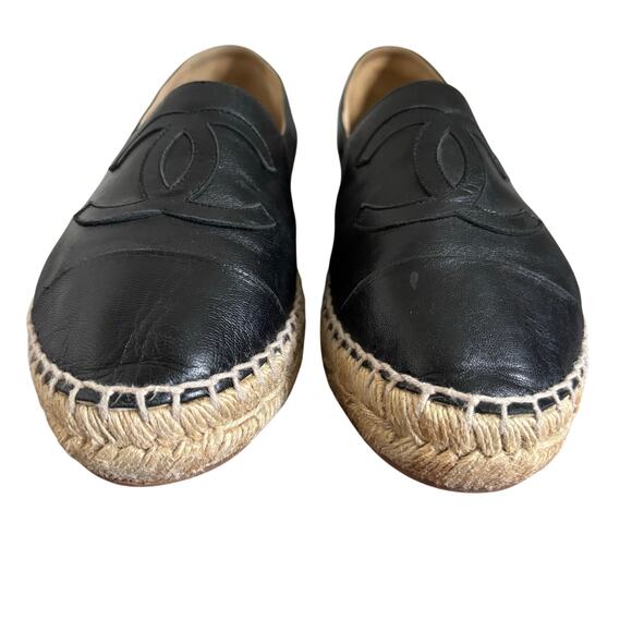 Chanel Interlocking CC Cap Toe Espadrille Shoes Black Leather Flats Size EU 38 - Picture 5 of 16